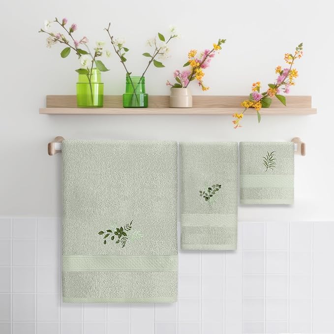 3 Pcs Eucalyptus Leaves Bathroom Towel Set Farmhouse Embroidered Eucalyptus Leaves Towels Vintage Decorative 100% Cotton Bath Towel Highly Absorbent Elegant Summer Decor Set for Bathroom
