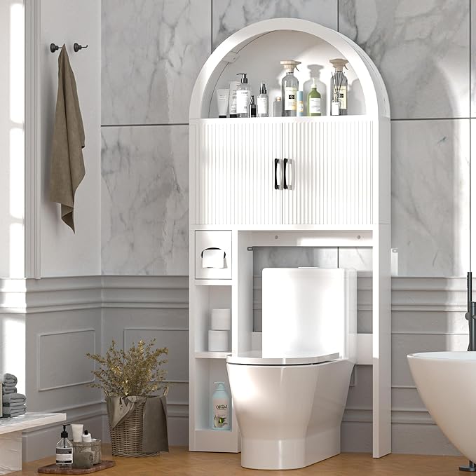 Over The Toilet Storage Cabinet, Bathroom Organizer Over Toilet, Arched Storage Organizer Cabinet with Anti-Tip Device and Adjustable Shelf for Washroom Laundry and Restroom, White
