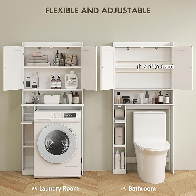 HOMCOM Over The Toilet Storage Cabinet, Modern Above Toilet Bathroom Organizer with 2 Doors, Storage Shelves, Toilet Paper Holder, Freestanding Space Saver for Bathroom, Laundry, White