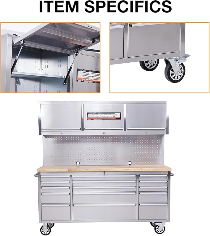 SINDA 72 Inch Rolling Tool Chest Tool Box Mobile Tool Workbench Garage Tool Storage Cabinet Large Rolling Lockable Tool Box with Wood Top, 15 Drawers + 3 Upper Cabinets
