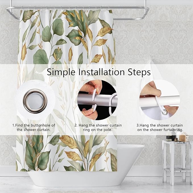 Green Eucalyptus Leaves Bathroom Curtain Tropical Leaf Nature Plant Polyester Waterproof Fabric Modern Home Decor Bath Shower Curtain with Hooks, 72x78 Inch