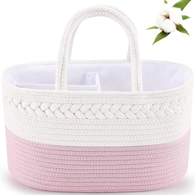 Cotton Rope Diaper Caddy Organizer, Nursery Storage Bin and Car Organizer for Diapers and Baby Wipes,Changing Table Baby Diaper Storage For Baby Shower & New Mums