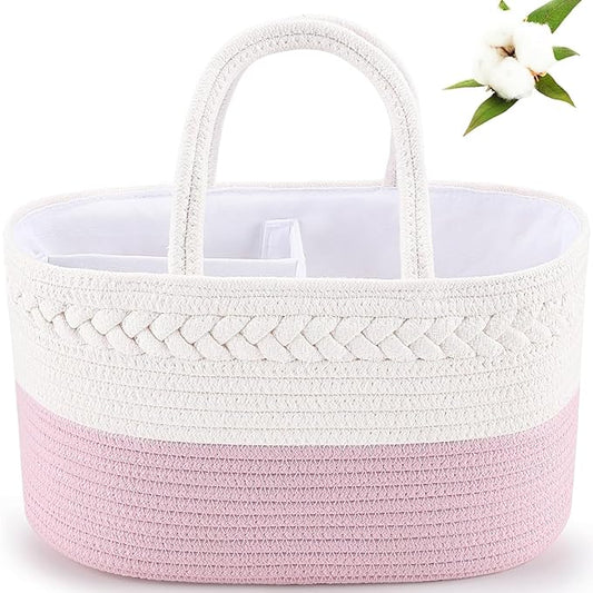 Cotton Rope Diaper Caddy Organizer, Nursery Storage Bin and Car Organizer for Diapers and Baby Wipes,Changing Table Baby Diaper Storage For Baby Shower & New Mums