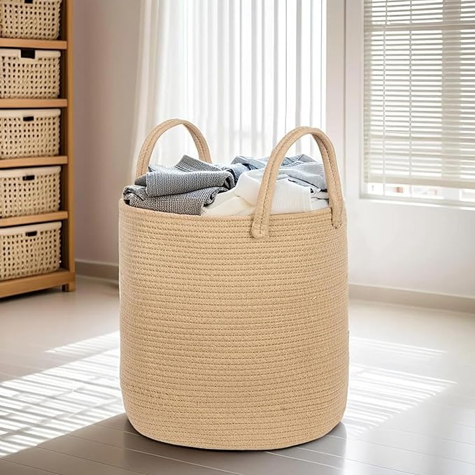 ShellKingdom Laundry Basket, Large Natural Rope Woven Storage Basket with Handles for Home, Living Room, Laundry, Storage Organizer for Blankets, Clothes, Plant, Toys, 19.7 x 14.96 INCH (Jute)