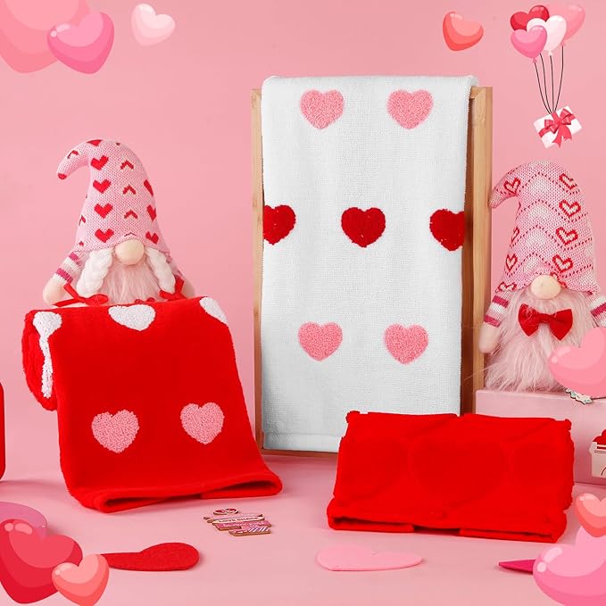2 Pack Valentine's Day Hand Towels Red White Pink Heart 3D Embroidered Farmhouse Bathroom Decorative Towels Set for Drying, Cleaning, Cooking, Holiday 13.7'' x 29.5''