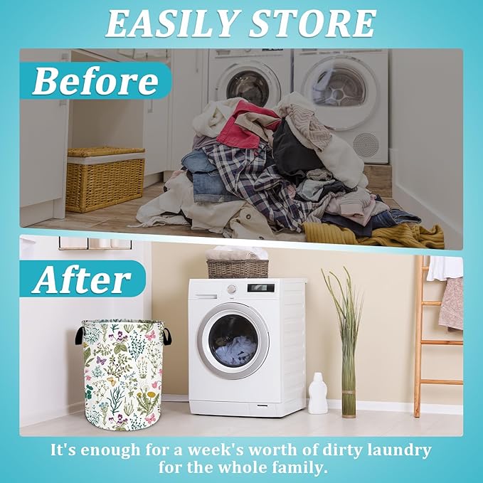Vintage Floral Laundry Basket, Plants Herbs Flower Laundry Hamper Foldable Waterproof Funny Tote Bag Dirty Clothes Storage Bucket Toy Organizer for Bathroom/Laundry/Bedroom 15.7"x19.6"