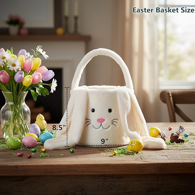 Plush Easter Bunny Basket,Soft Bunny Easter Bucket for Egg Hunt and Candy,Easter Decorations Party Favors Gifts Storage (Plush-White)