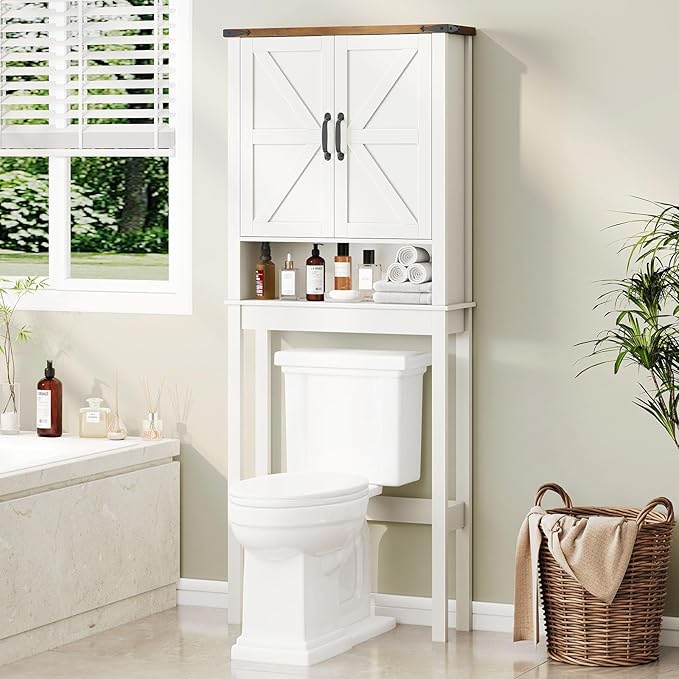 Over The Toilet Storage Cabinet, Farmhouse Over Toilet Bathroom Organizer with 2 Barn Doors, Narrow Above Toilet Storage Cabinet, Behind Toilet Bathroom Organizer (Rustic White)