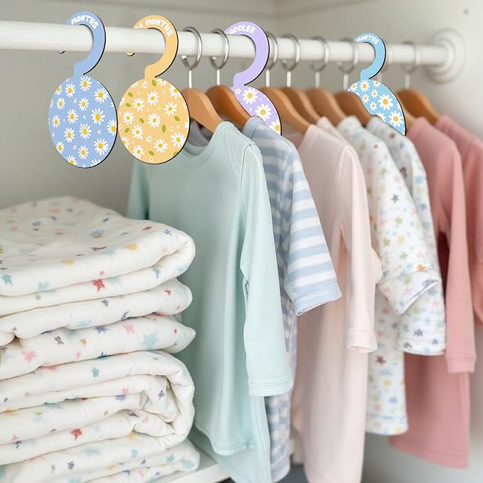 Baby Clothes Dividers for Closet - Set of 8 Wooden Baby Size Closet Dividers Newborn to 24 Months, Newborn Organizer for Girls, Daisy Floral Baby Nursery Decor Kit Newborns Gift Baby Shower