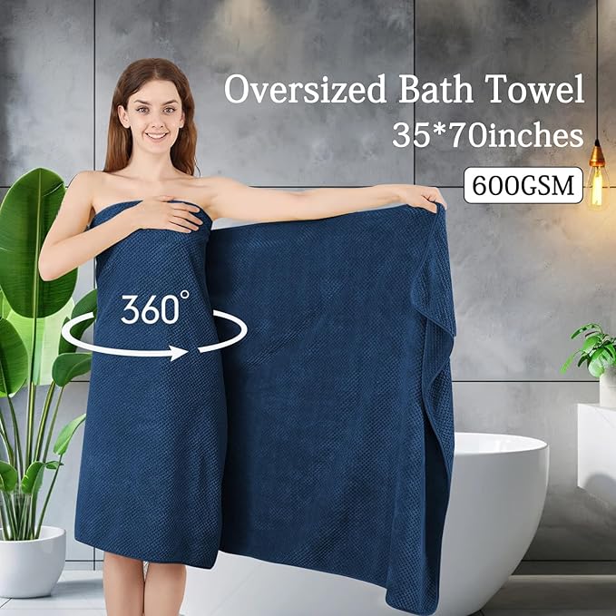 8-Piece Navy Bath Towels Set,2 Oversized Large Bath Towels Sheet,2 Hand Towels and 4 Washcloths - 600 GSM Soft Luxury Towel Set,Highly Absorbent Quick Dry Towel Collection for Bathroom,Hotel and Spa