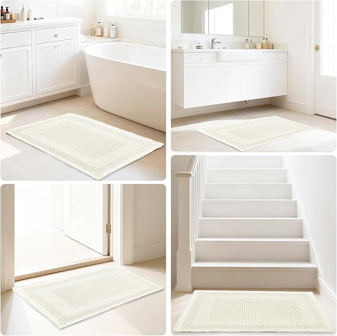 Hiasan Set of 2 Waffle Bath Mat, Super Absorbent Non Slip Bathroom Boho Rug with Tassels, Machine Washable Bath Mats for Bathroom, Ultra Soft Rubber Backed Rug, Loop-White, 16" x 24" + 20" x 32"