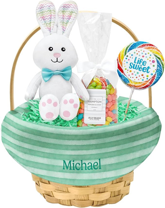 Let's Make Memories Personalized Easter Basket for Kids- For Boys - For Girls - Create Your Own - Fillable - Wicker - Easter Basket Stuffers - Small - Green Watercolor Stripes