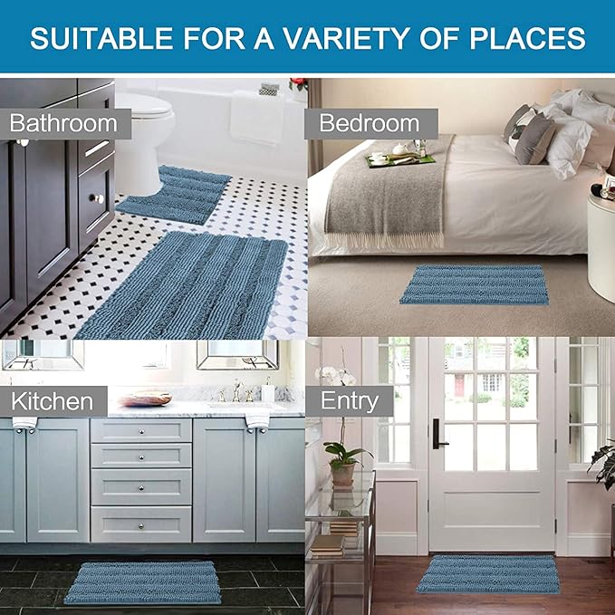 H.VERSAILTEX 3 Piece Bathroom Rugs Sets Thick Striped Bath Rugs Set for Bathroom Non Slip Soft Absorbent Bath Mat Set for Tub, Shower and Toilet(17''x24''+20''x32''+20''x24'' U-Shaped, Stone Blue)