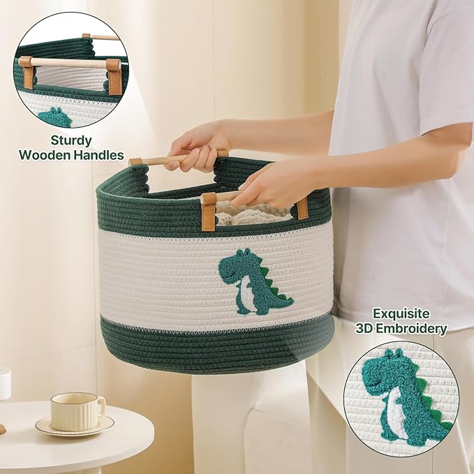 Cotton Rope Baskets for Kids Stuffed Animal Toys Storage for Nursery, Baby Baskets for Gifts Empty, Woven Basket with Wooden Handles Blanket Towel Toy 0rganizer Kids Blanket Storage Bins ( Dinosaur ）