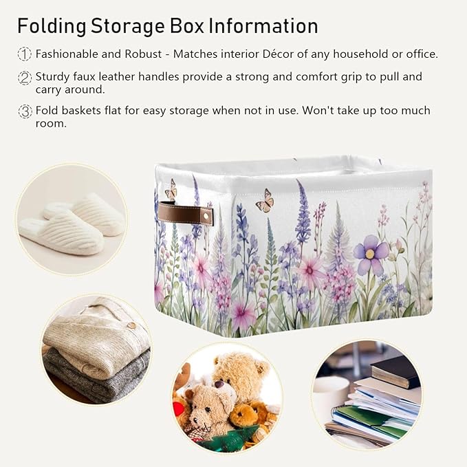 YETTASBIN Herbal Wildflowers Storage Basket 2pc, Large Collapsible Toys Clothes Organizer, Durable Canvas Storage Bin with Handle for Shelves Closet Laundry Home Office Decor