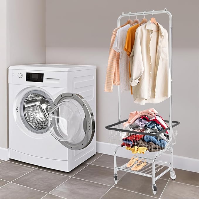 Laundry Cart,Steel Wire Laundry Cart,Laundry Basket With Wheels,Commercial Laundry Basket Cart Heavy Duty with Rod Rack 19.69x15.75x70.87in (E)