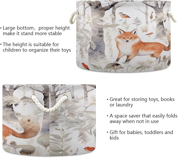 Blanket Storage Basket for Living Room - Cute Forest Fox Large 20"x20"x14" Cotton Rope Handles Laundry Basket, Foldable for Toy Storage, Blanket Basket