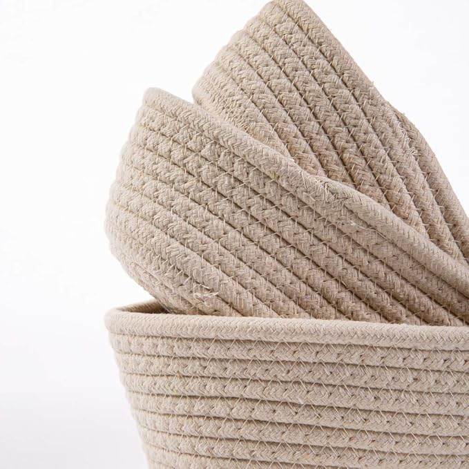Cotton Rope Handmade Woven Home Storage Household Candy Toys Storage Basket Sundries Collection Box Candy Snack Food Tray SML Pack of 3 (Oval, Beige)