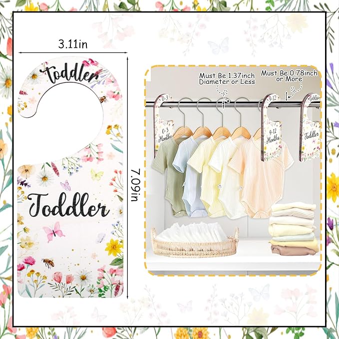 Baby Closet Dividers 8PCS, Wildflower/Floral Theme Wooden Double-Sided Clothes Size Hanger Organizer from Newborn to Toddler for Nursery Decor Baby Shower Birthday Gift