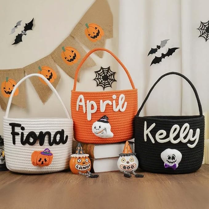 Personalized Halloween Candy Bucket, Custom Baby Name Trick or Treat Baskets Customized Monogrammed Cotton Tote Basket Toys Storage Basket Gifts for Boys Girls Halloween