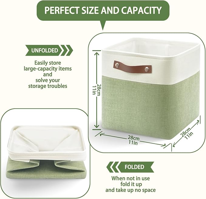 4-Pack Foldable Fabric Storage Cubes 11x11 Inch, Sturdy Cube Organizer Bins with Leather Handles, Storage Baskets for Closet Shelves and Home Organization(White/Green)