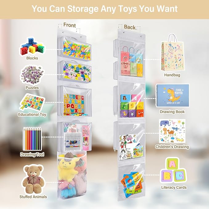 Hanging Toy Storage over Door, Block Stuffed Animal Organizer Idea with 4 Removable Case Bag, Bi-Fold Closet Holder with Mesh Pocket for Kid Boy Girl