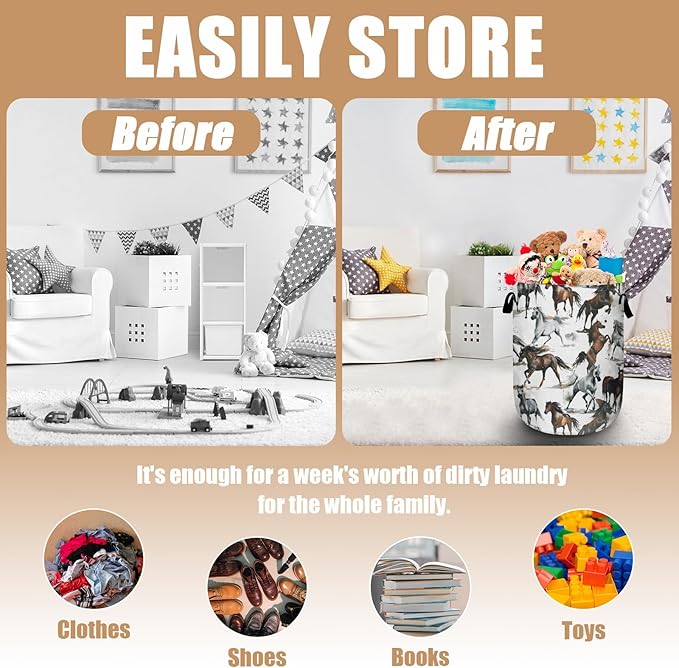 Watercolor Horse Laundry Basket, Foldable Waterproof Laundry Hamper Tote Bag Dirty Clothes Storage Bucket Toy Organizer for Bathroom/Laundry/Bedroom 15.7"x19.6"