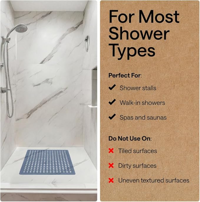 GORILLA GRIP Patented Square Shower Stall Mat, Small Bathtub Floor Mats for Stand Up Showers, Suction Cups and Drain Holes, Machine Wash, Soft on Feet, Bathroom Accessories 21x21 Inch, Sky Blue Opaque