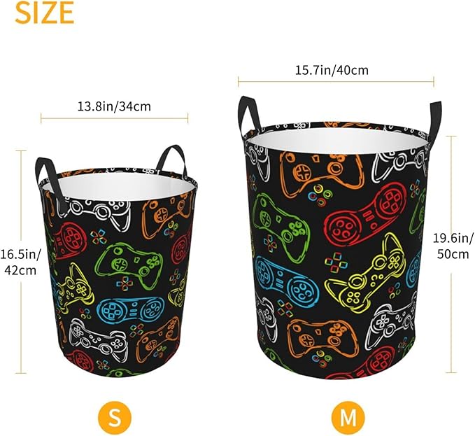 Game Joysticks Colorful Silhouettes Round Laundry Hamper Gaming Theme Storage Basket Toys Clothes Organizer Bin For Home Bathroom Bedroom Dorm Nursery, 62l