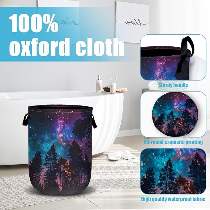 Purple Galaxy Forest Laundry Basket, Laundry Hamper Collapsible Oxford Cloth with Handle Clothes Toy Storage Bin for Bathroom Laundry Room Bedroom 15.7 X 20 Inch