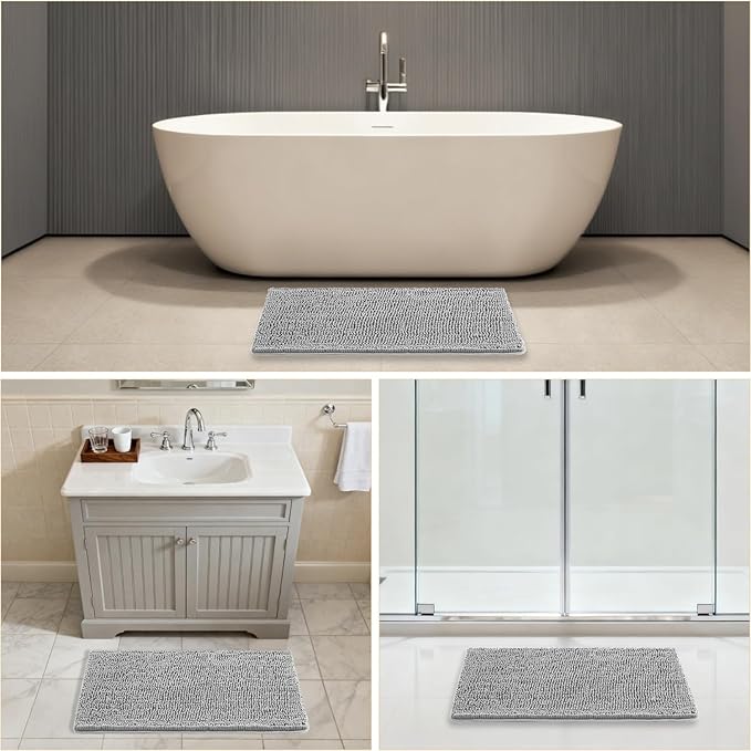 Gray Bathroom Rugs 20"x32" - Thick Plush Chenille Non-Slip Bath Mat - Absorbent, Washable, Soft Decor for Sink, Shower, Tub, Kitchen, Home Accessories