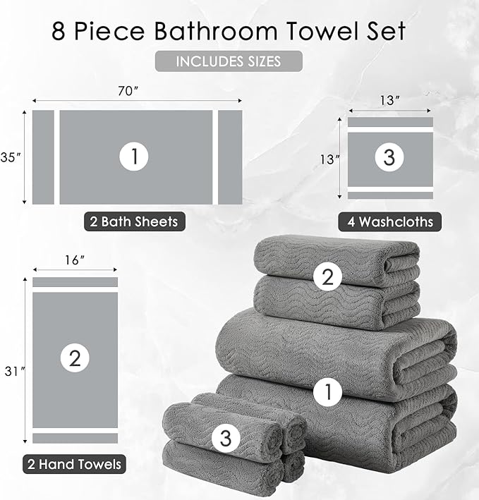 8 Piece Bath Towel Set Grey |2 Oversized Large Bath Sheet,2 Hand Towels,4 Washcloths| Ultra Soft Cozy Bath Towel Set for Bathroom Hotel Gym Spa,Highly Absorbent & Quick Dry Bathroom Towel Collections