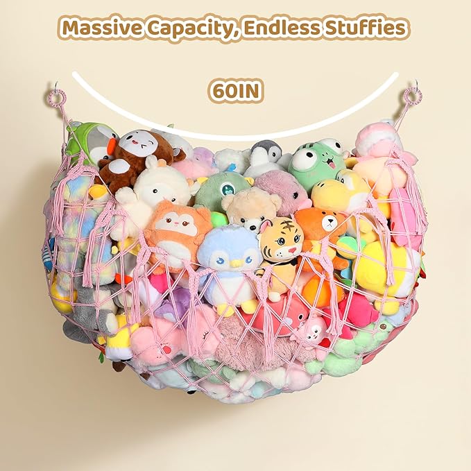 Yecaye 60 IN Stuffed Animal Net Hammock Large, Hanging Stuffed Animal Storage with Handmade Macrame Tassels, Net for Stuffed Animals Corner Large for Nursery Living Room Wall Decoration, Fairy Pink