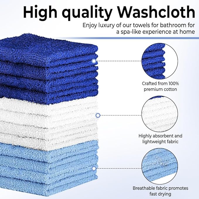 100% Cotton Washcloth Set – Soft, Absorbent Face Towels for Bathroom & Gym Use – Durable & Reusable Wash Cloths - (Blue, White and Navy (12x12), (Pack of 12)