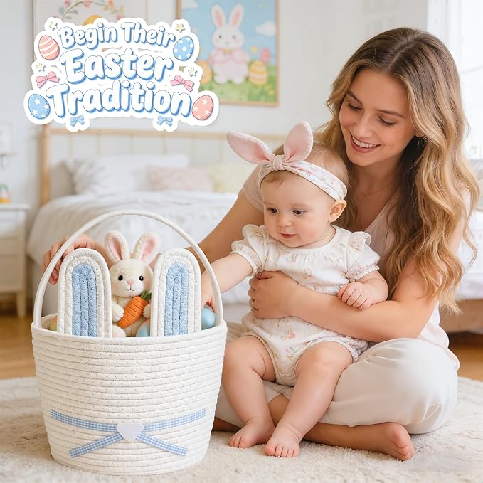 Easter Basket, Easter Bunny Basket with Removable Ears Woven Easter Egg Hunt Basket First Easter Gift Baskets Empty Easter Baskets Essentials Easter Bucket for Girls Boys Teens (Blue White)