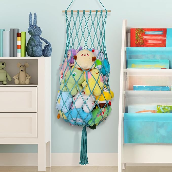 68 Inch Stuffed Animal Storage, Jumbo Macrame Stuffed Animal Hammock Corner, Wall Ceiling Hanging Toy Stuffy Hammock Plushie Net Display for Kids Boys Girls Nursery Decor (Aqua)