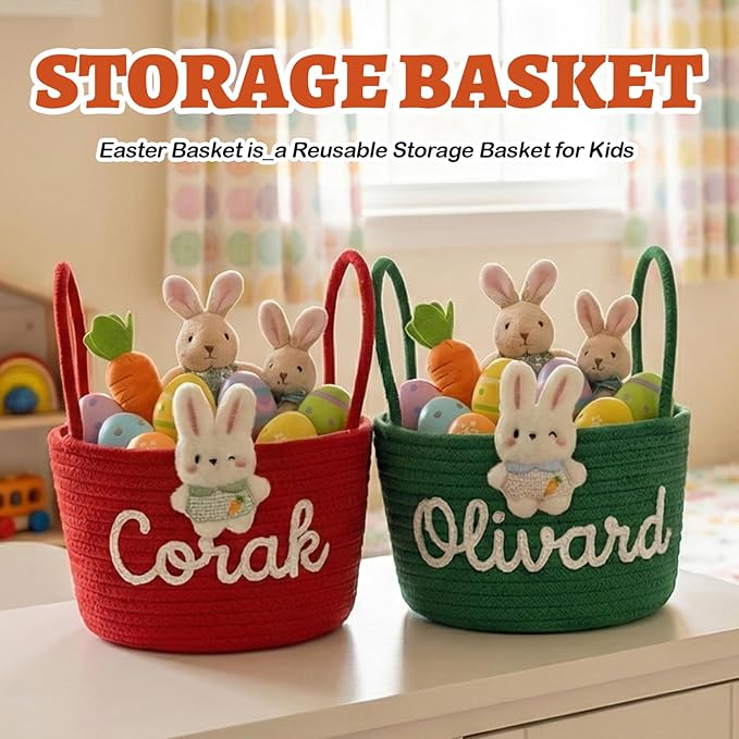 Personalized Easter Basket for Kids with Name - Custom Cute Embroidery Easter Bunny Rope Basket for Boys Girls, Easter Egg Hunt Basket (Two Handles+7 Colors)