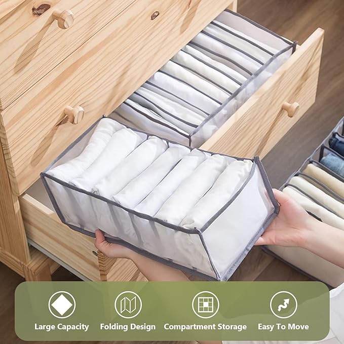 TOOVREN Clothes Organizer for Folded Clothes, Wardrobe Clothes Organizer, Drawer Organizers for Clothing, Mesh Storage Compartment Storage for Underwear Pants t-Shirt Leggings (7Grids,6Pack)