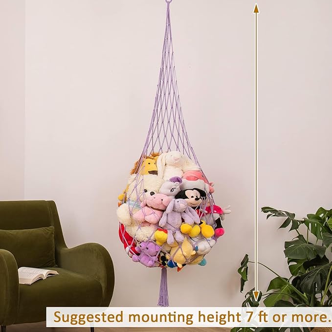 Novel Stuffed animal Net or Hammock Macrame Plush Toy Display- One Hook Only! Convenient for Corners, Walls and Ceiling Hanging Net, stuff animal storage for kid room Bedroom Playroom-Purple