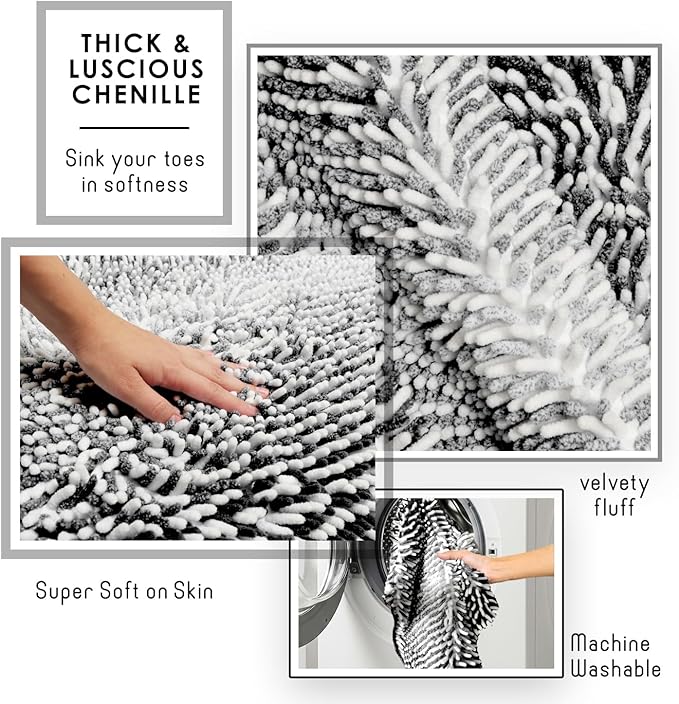 Hearth & Harbor Bathroom Rugs, Chenille Bath Mat - Machine Washable Bath Mats for Bathroom Non-Slip Backing Rubber, Quick Dry Bathroom Mat, 20 x 32 - Ombre Black