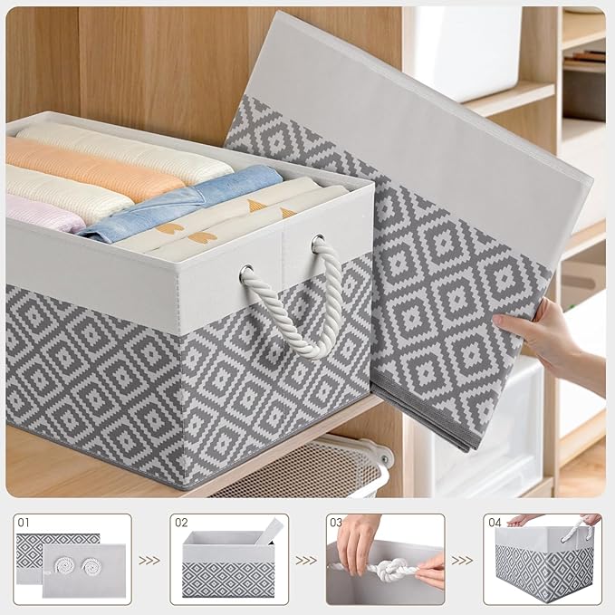 Storage Bins, 6-Pack Large Storage Box with Rope Handles, Collapsible Storage Basket for Organizing Books,Clothes,Rhombic Grey