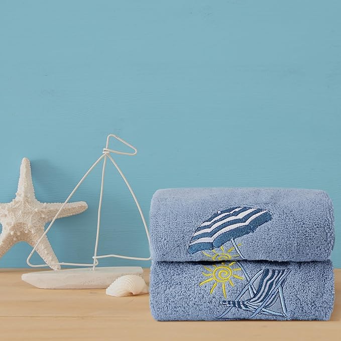 2 Pcs Beach Chair Hand Towels Slate Blue Bathroom Decor 14x29 Inch Embroidered 100% Cotton Soft Absorbent Spring Summer Decorative Hand Towels for Bathroom Kitchen