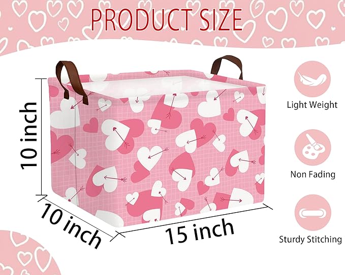Large Valentine's Day Basket Heart Shaped Storage Bin for Gifts Collapsible Organizer Room Decor (Arrow White Pink Love)