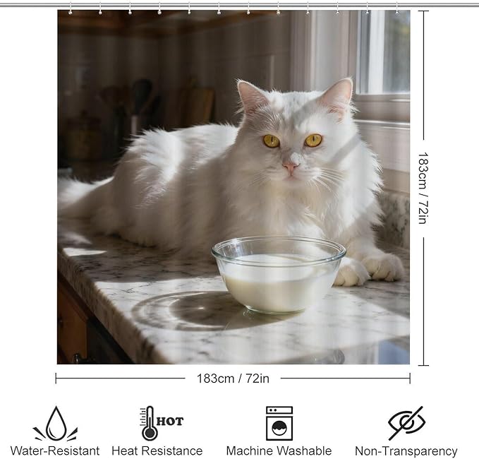 4 Piece Bathroom Rug Set with Shower Curtain, Non-Slip Bath Mat Toilet Cover Set, Greedy Cat Bathroom Rug Sets