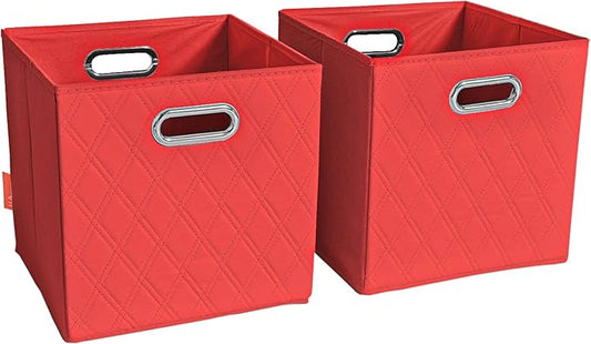FH Group JIAessentials 12" Faux Leather Foldable Storage Cube Bins Set of 2 – Red Diamond Patterned Organizers with Handles for Closet & Shelves