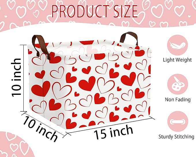 Large Valentine's Day Basket Heart Shaped Storage Bin for Gifts Collapsible Organizer Room Decor (Red Hollow Solid Love)