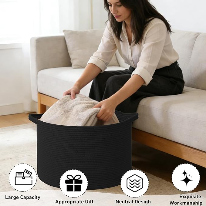 65L Large Blanket Basket,19.7" L x 19.7" W x 13" H Rope Woven Baskets with Handles, Toys Storage Bins,Laundry Basket Perfect for Living Room, Nursery,Bedroom,Home Organization,Black