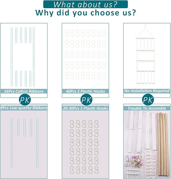 48" X 15" Headband Holder, Baby Headband Organizer w/16Pcs Cotton Ribbons, 40Pcs S Hooks, 1Pc Non-Trace Hook & 1Pc Cotton Rope, Bow Holder for Girls Hair Bows for Wall, Door or Closet