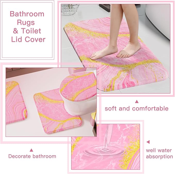 25PCS Bathroom Accessory Set, Pink Bathroom Set with Large-Capacity 4 Gallon Trash Can,Bathroom Rugs Set, Waterproof Shower Curtain, Toilet Brush, Toothbrush Holder & Soap Dispenser