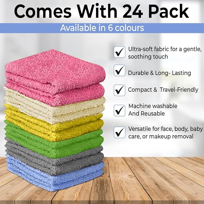 100% Cotton Washcloth Set – Soft, Absorbent Face Towels for Bathroom & Gym Use – Durable & Reusable Wash Cloths - Butterfly (Multi-Color), 12 x 12 Inches, Pack of 24